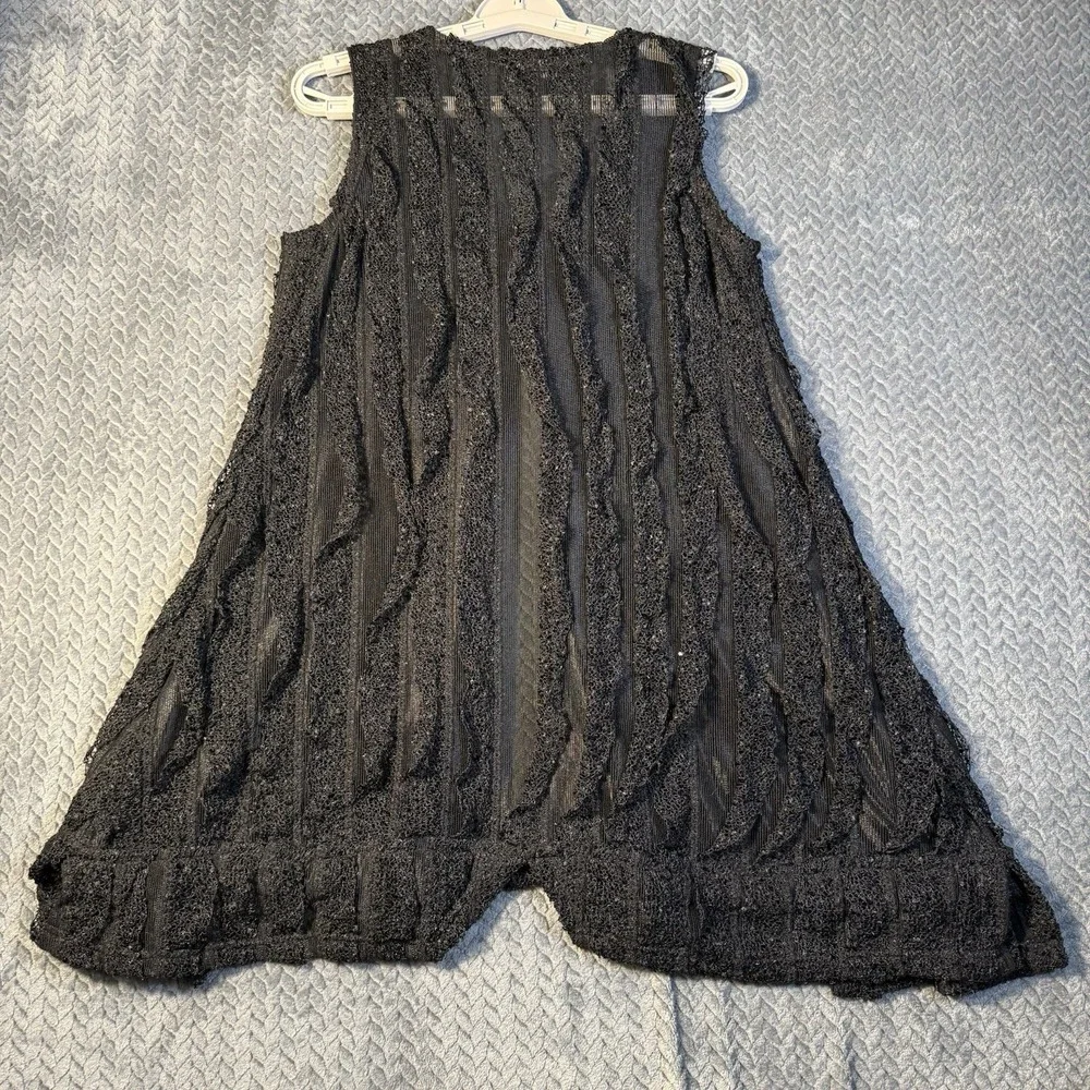 Kaktus Women's Vest Small Textured Sheer‎ Open Front Black Snap Button Lagenlook